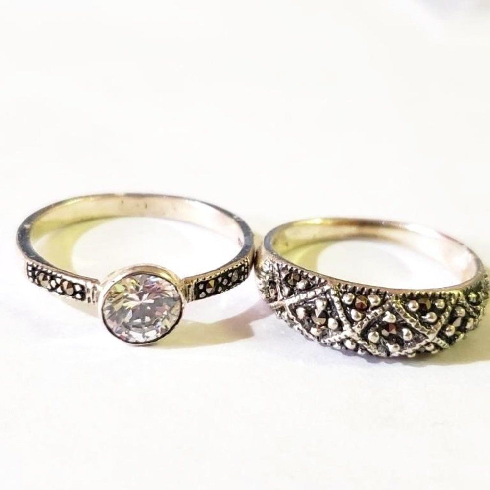 Two Silver Marcasite Cubic Zirconia Rings